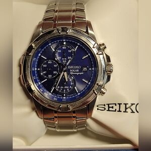 Seiko Blue Dial Silver-Tone Solar Chronograph Watch
